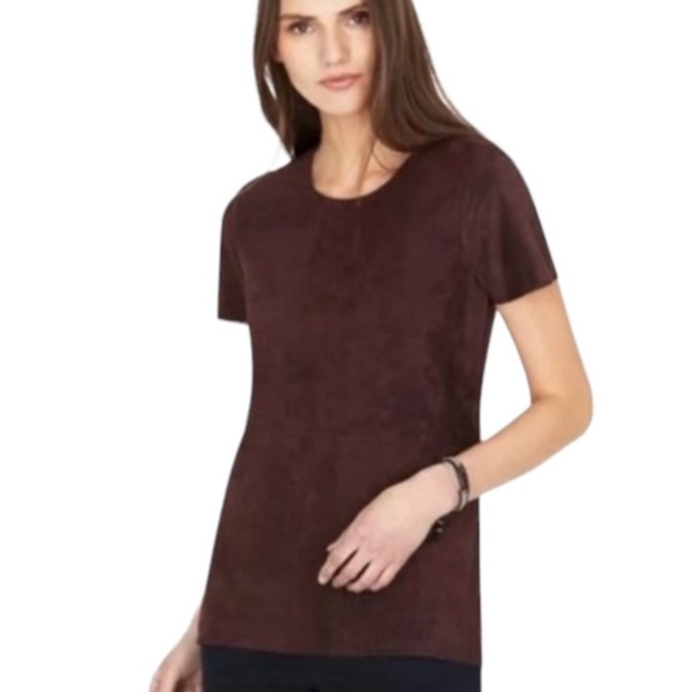Ecru Genuine Suede Brown Fitted Crew Neck Short Sleeve T-Shirt Leather Small